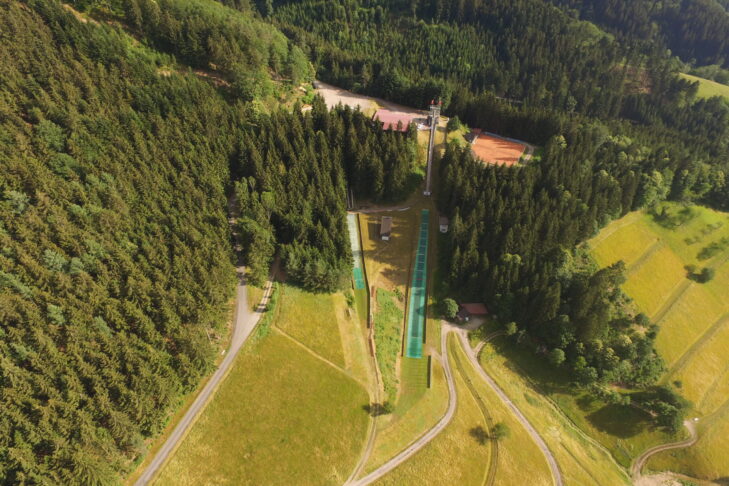 A bird's eye view of the Mattenschanze ski jump in Bad Griesbach.