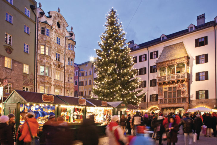 Christkindlmarkt in Innsbruck – the famous Golden Roof (German: "Goldenes Dachl") is in the background.