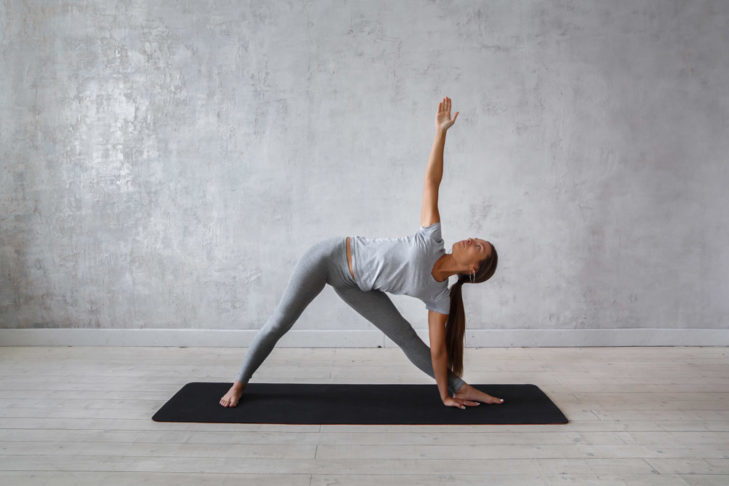 The triangle strengthens the thigh muscles and makes the hip joints more flexible, stretches the back and hip muscles, thighs and calves.