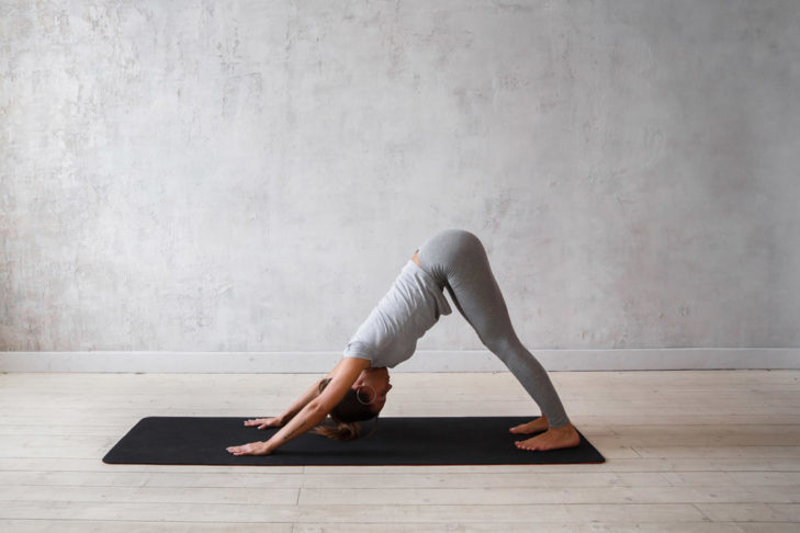 The downward-facing dog provides for strong arms, wrists, an extension of the Achilles tendon, the back leg muscles and the lower back and stretches the shoulder blades.