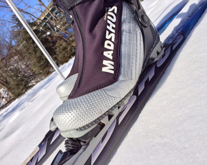 A classic cross-country ski boot with a soft upper material.