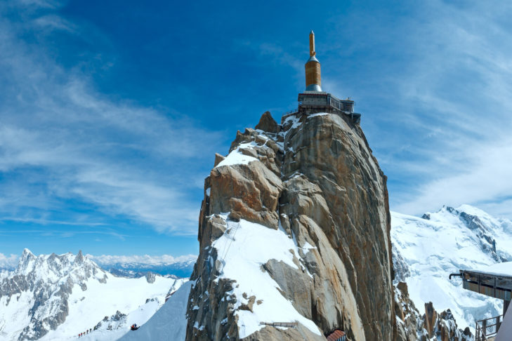 The rocky summit of the Aiuguille du Midi high above Chamonix is accessible at 3,777 m by the second highest cable car in Europe.