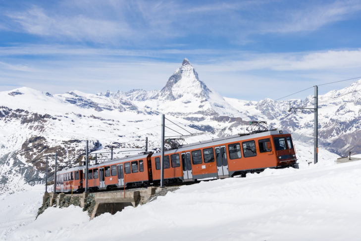 Train travel resembles a round trip through European ski regions.