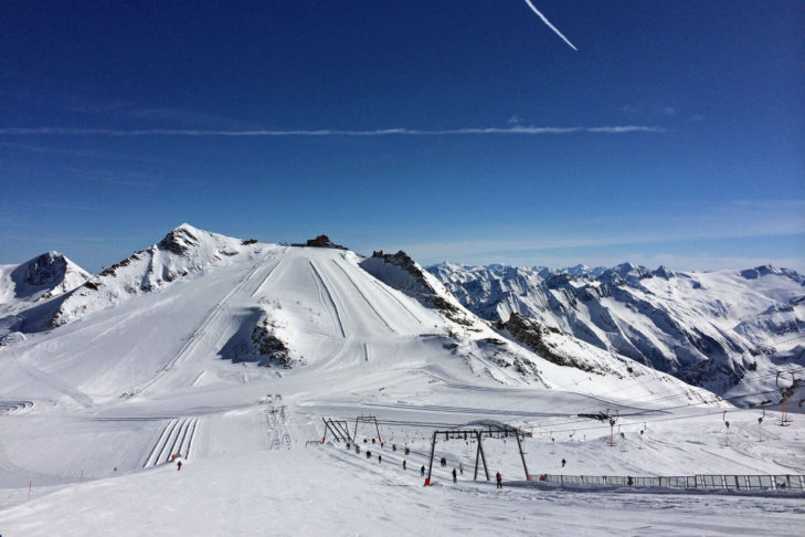 View of the frozen wall at the Hintertux Glacier.