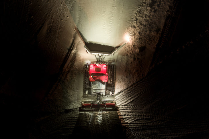 Snow groomers are mostly used at night.