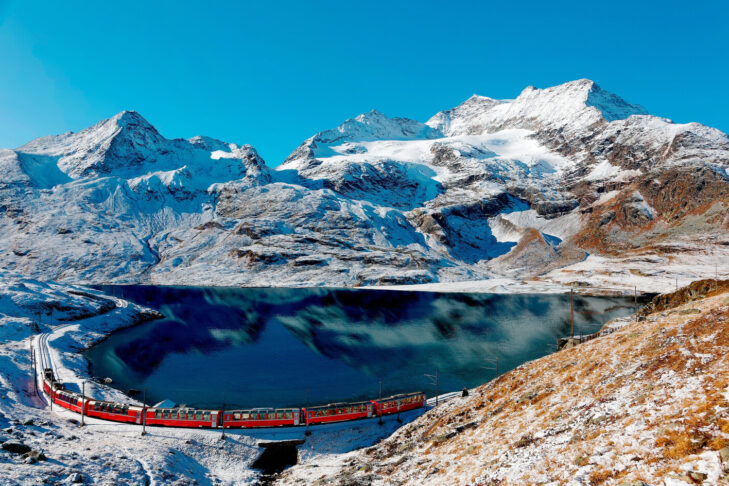 The Bernina Express takes you from Switzerland to Italy amidst a wonderful panorama.