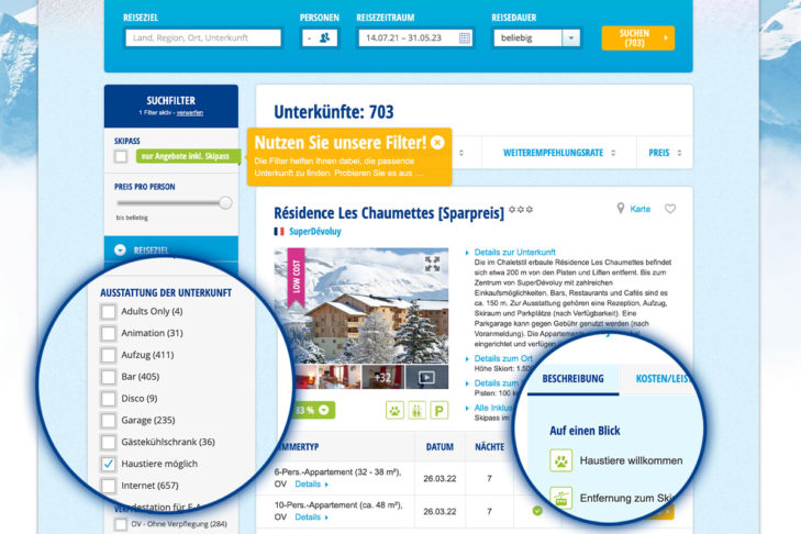 Ist der Filter gesetzt, werden nur haustierfreundliche Unterkünfte angezeigt. Sie sind zusätzlich mit einem Pfoten-Symbol gekennzeichnet.