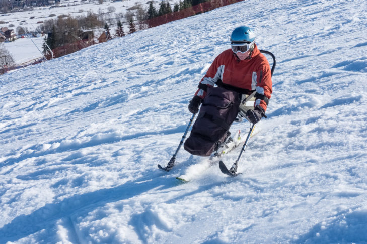 Ein Monoskifahrer auf der Piste.