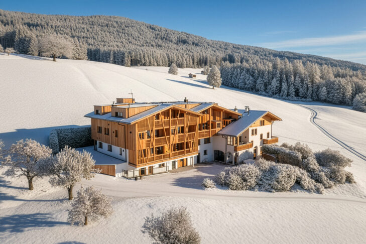 Das Aparthotel Summerer - Living Nature fügt sich mit seiner ökologischen Massivholz-Architektur idyllisch in die verschneite Hanglandschaft der Plose bei Brixen ein.