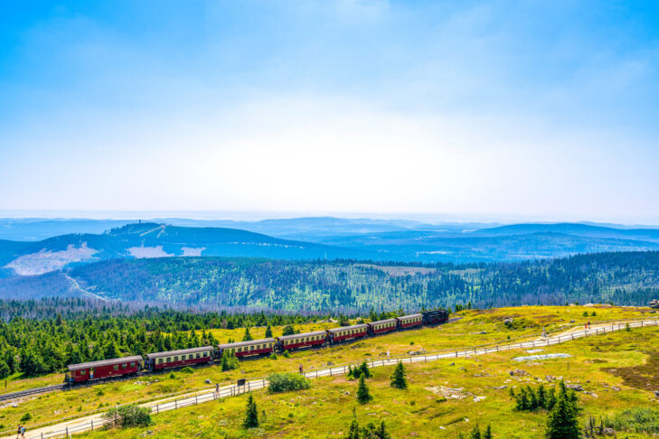 Mit den Zügen der Brockenbahn, die von Dampflokomotiven gezogen werden, geht es auch im Sommer für Besucher durch die Landschaften des Harz.