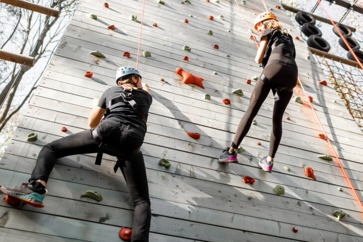 Zu den klassischen Elementen eines Kletterparks gehören natürlich auch Kletterwände.