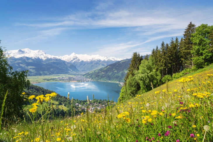 Schneeweiß oben und saftig grün unten: So präsentiert sich die Bergwelt rund um den Zeller See den Besuchern im Sommer.